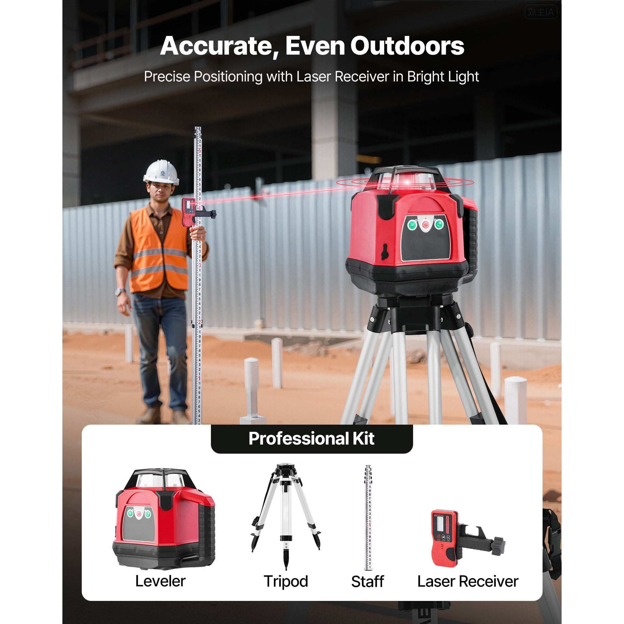 KFFKFF Rotary Laser Level Kit, 2650ft 360° Self-Leveling Red Horizontal Laser with Tripod, Receiver, Remote, Carrying Case, IP66 Waterproof, 0.06in/100ft Accuracy for Construction Projects