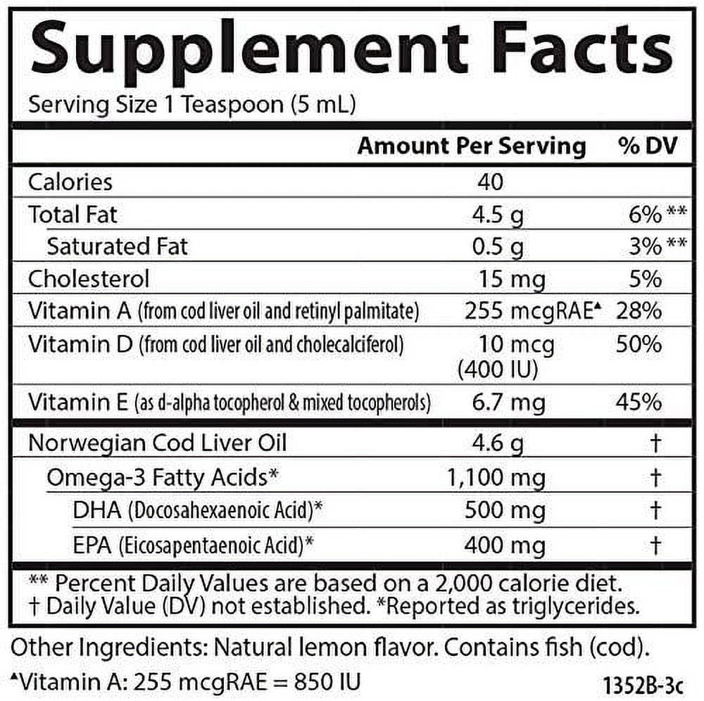 Carlson - Cod Liver Oil, 1100 mg Omega-3s, Wild Norwegian, Sustainably Sourced, Lemon, 500 ml