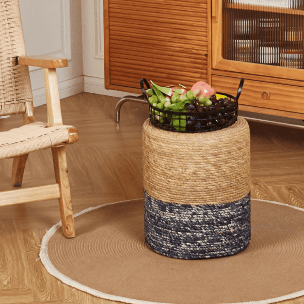 Tcbosik 14" Round Ottoman, Hand Weave Natural Seagrass Footrest, Boho Foot Stool, Small Accent Table for Living Room, Bedroom, Natural+Blue