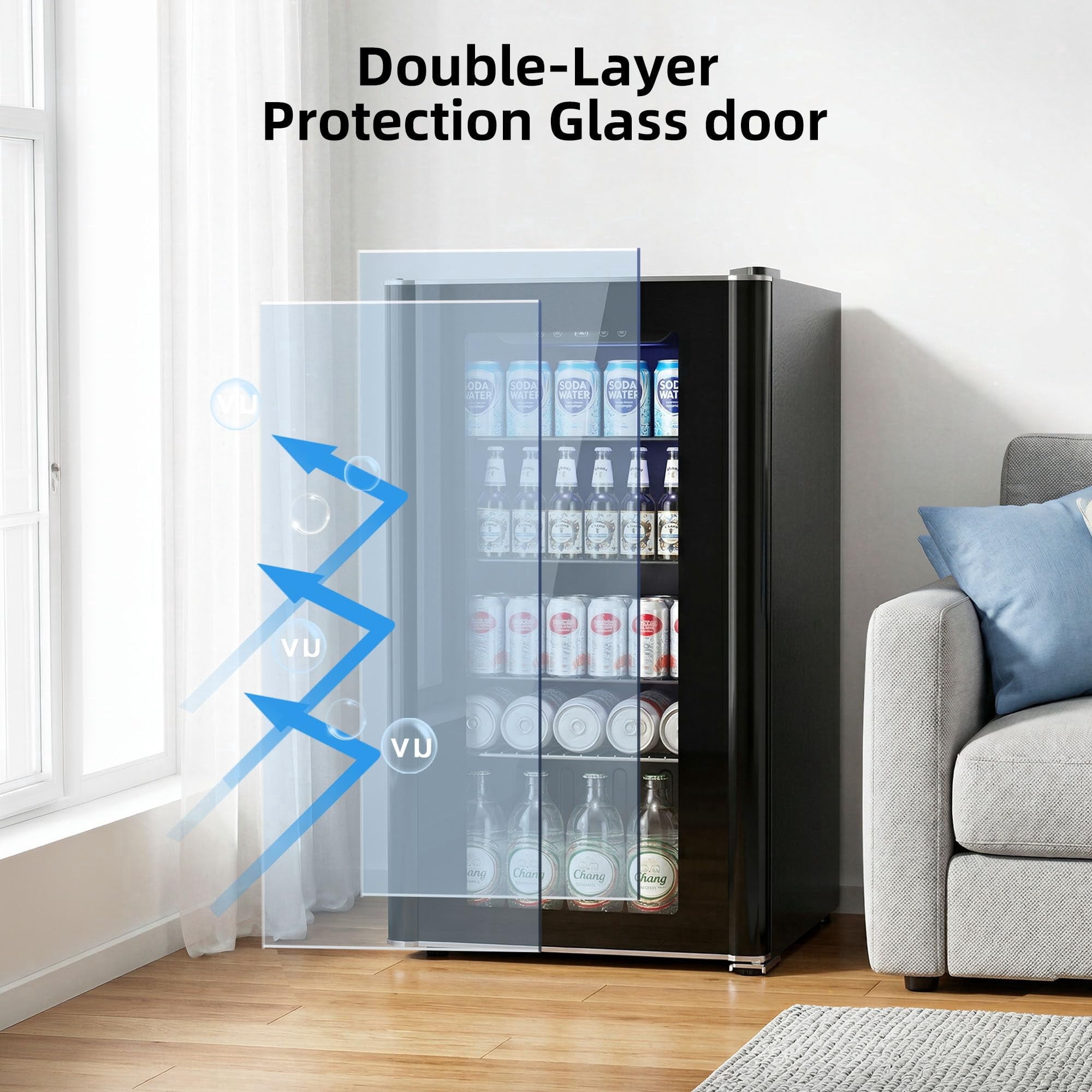 Auseo 130 Can Beverage Refrigerator, Mini Fridge with Glass Door and Digital Touch Screen, Adjustable Drink Cooler for Office/Kitchen/Bar
