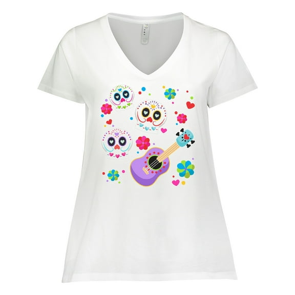 Inktastic Day of the Dead Owl Sugar Skulls and Guitar Women's Plus Size V-Neck T-Shirt
