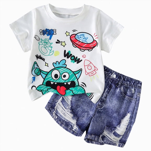 Toddler Boys Summer Sets Clothing 6-12 Months 2T 3T 4T 5T Children Cute Cartoons Printed Short Sleeve Cotton T-Shirt and Elastic Waist Shorts Sets Kids Outfit Beach Clothes 2-3 Years