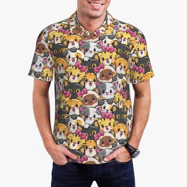 Balery Cute Cat Camisa Polo de Hombre con Estampado, de Manga Corta y Tejido Medio, Camisa Tipo Golf Polo-XX-Large