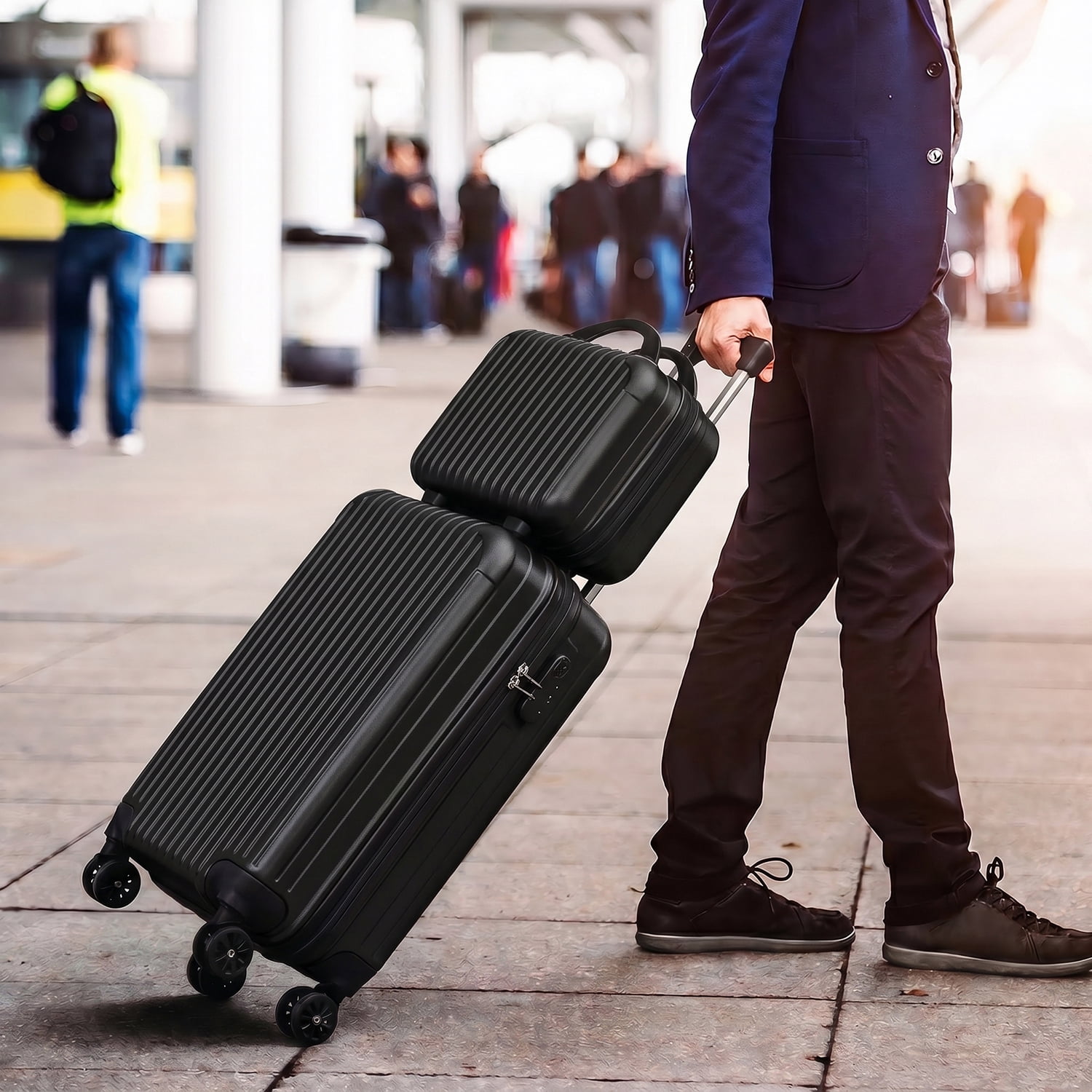 2 Piece Vertical Striped Luggage Set, Carry On Hardside Suitcase with Spinner Wheels & TSA Lock, Lightweight Travel Luggage with Cosmetic Case Black