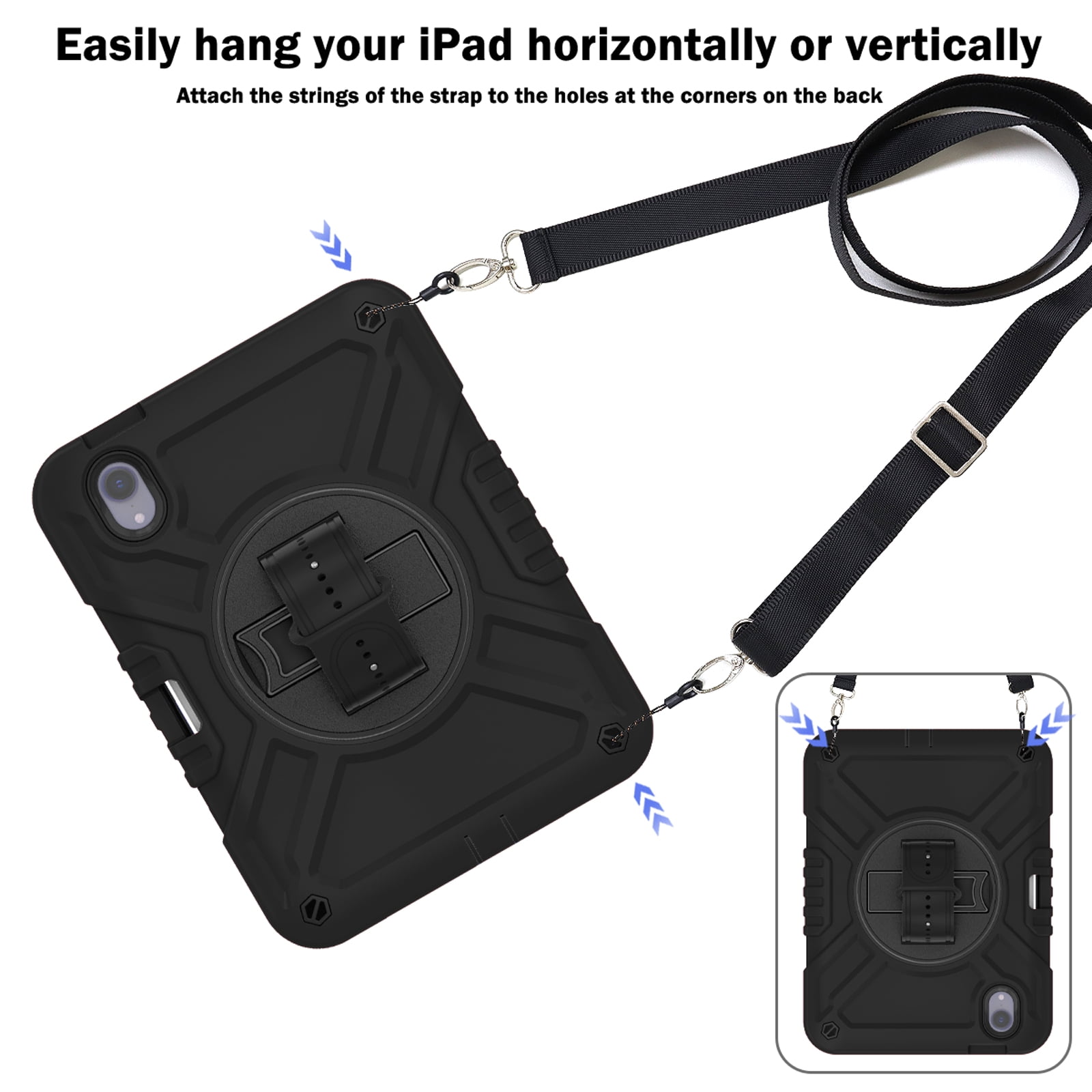 Dteck Case for iPad mini 7 (A17 Pro) 8.3 inch 2024/ iPad mini 6th Generation,Heavy Duty Rugged Drop Proof Shockproof Armor Case with Stand Pencil Holder Hand Strap Shoulder Strap,Black