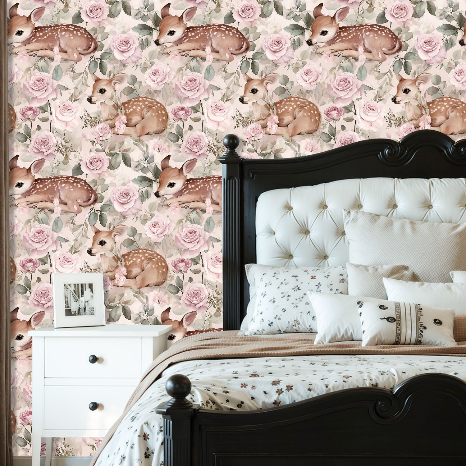 Farmhouse Peel and Stick Wallpaper 23.6in x 9.8ft Baby Deer Fawn Floral Seamless Pastel Pink Contact Paper Vinyl Waterproof Self Adhesive Wall Paper for Bedroom Shelf Cabinet Renter Friendly