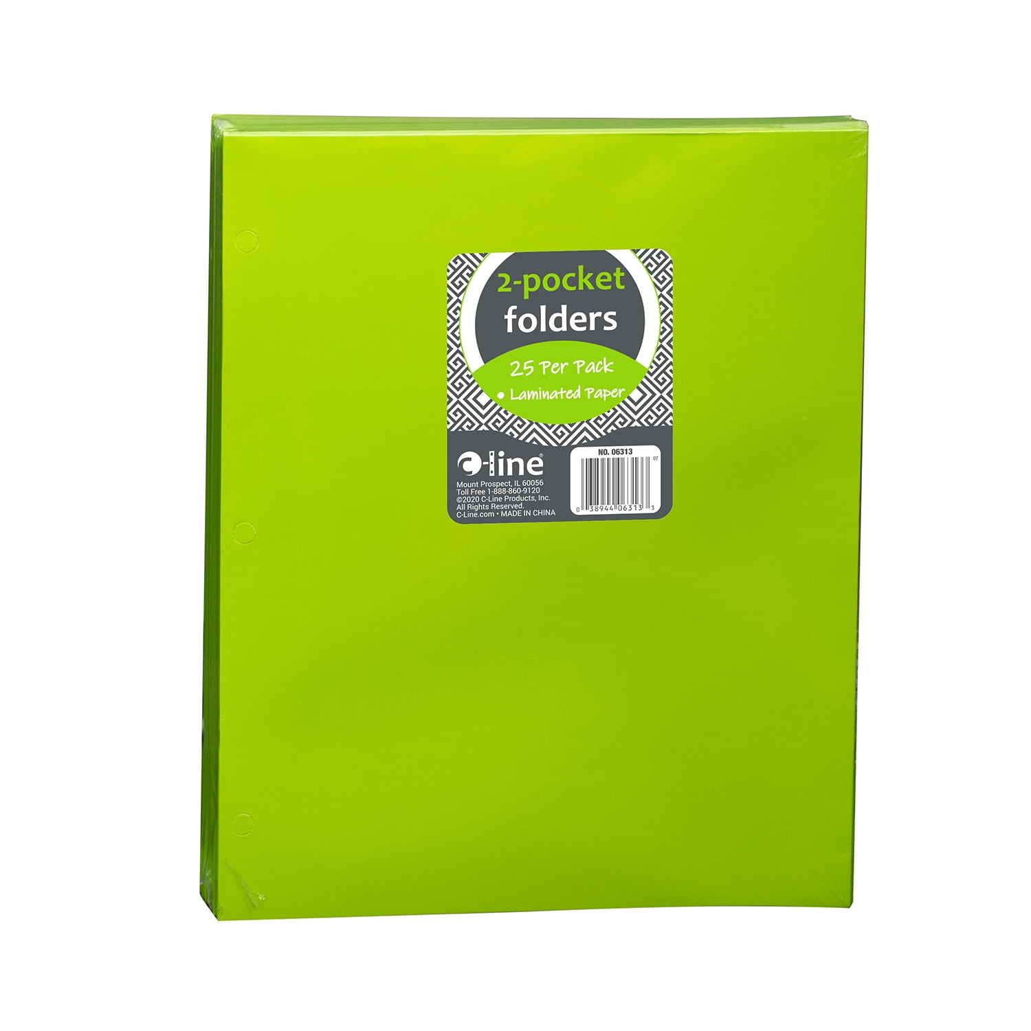 C-Line 2-Pocket Laminated Paper Portfolios with 3-Hole Punch, Lime Green, Box of 25