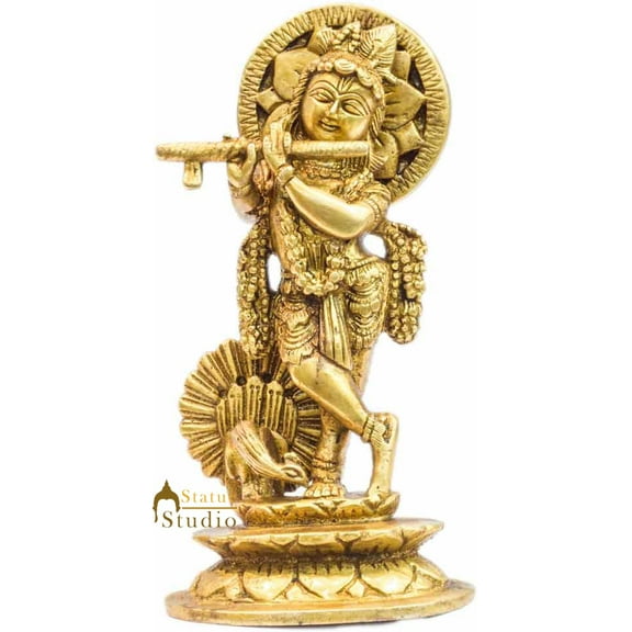 StatueStudio Krishna Murti Flute Playing Krishna Statue Vastu Religious Figurine For Mandir, Living Room, Office Table and Home Decor Tabletop Gift Item (3 X 3 X 6 Inch)