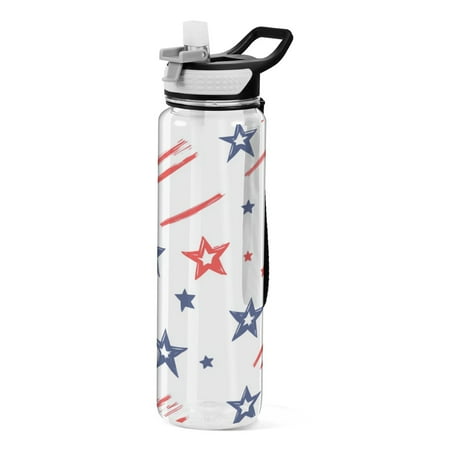 

32oz Transparent Sports Water Bottle with Straw BPA Free Tritan for Kids Adults Outdoor School Gym Fitness Pattern Of Stars and Stripes