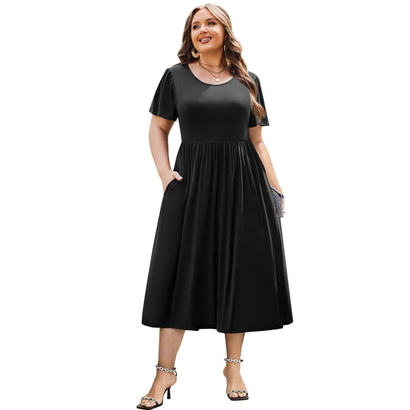 Zeagoo Women Plus Size Short Sleeve Dress Loose Summer Casual A-Line Flowy Midi Dresses with Pockets
