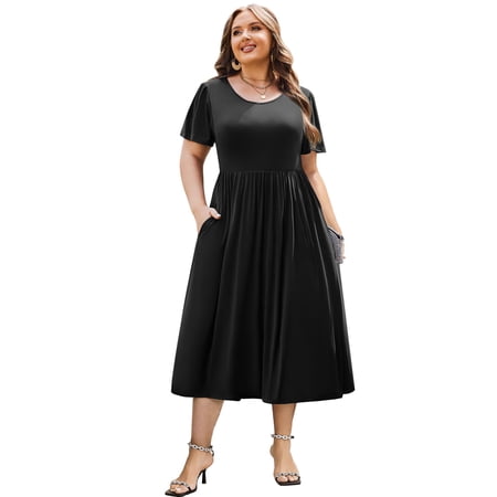 Zeagoo Women Plus Size Short Sleeve Dress Loose Summer Casual A-Line Flowy Midi Dresses with Pockets