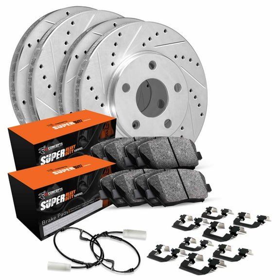 R1 Concepts WGXS2-99002 Front Rear Brakes and Rotors Super Duty, (4) Brake rotors, (8) Brake pads, Hardware Kit and Sensor