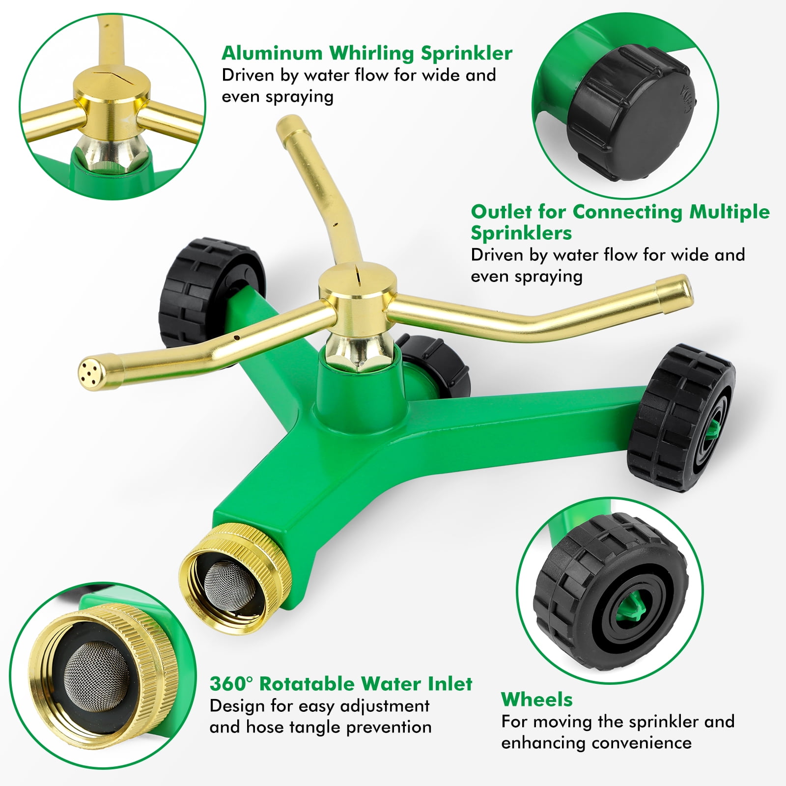[2 Pack]  3-Arm Metal Sprinkler with Wheel Base, 360 Degree Automatic Rotary Lawn Sprinkler System for Garden Plant, Flower Bed and Yard Watering and Large Yard Area Watering - 1