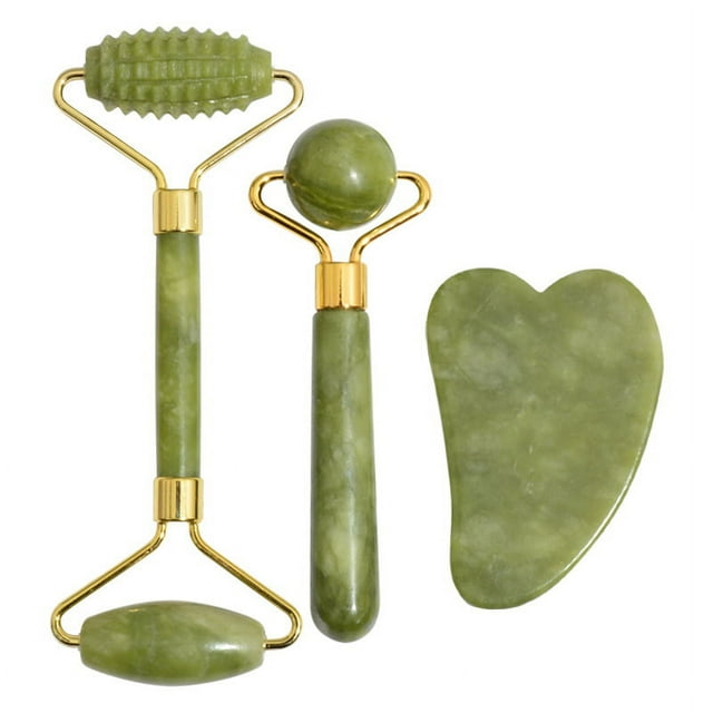 Rodillo Masajeador Facial Jade, Piedra Gua Sha y Cepillo de Silicona - Rodillo y Guasha en Cristal de Jade Verde - Kit de Masaje Manual para Rostro, Contorno de Ojos y Cuello