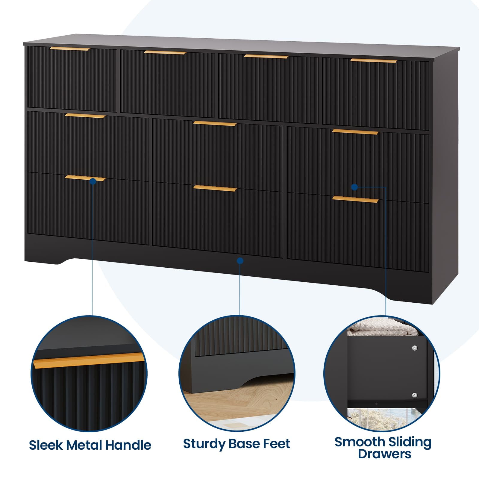 Fluted Design 10-Drawer Dresser - 59" Wide Modern Wood Chest for Bedroom, Living Room TV Stand or Hallway Storage Organizer with Wood Frame, Black
