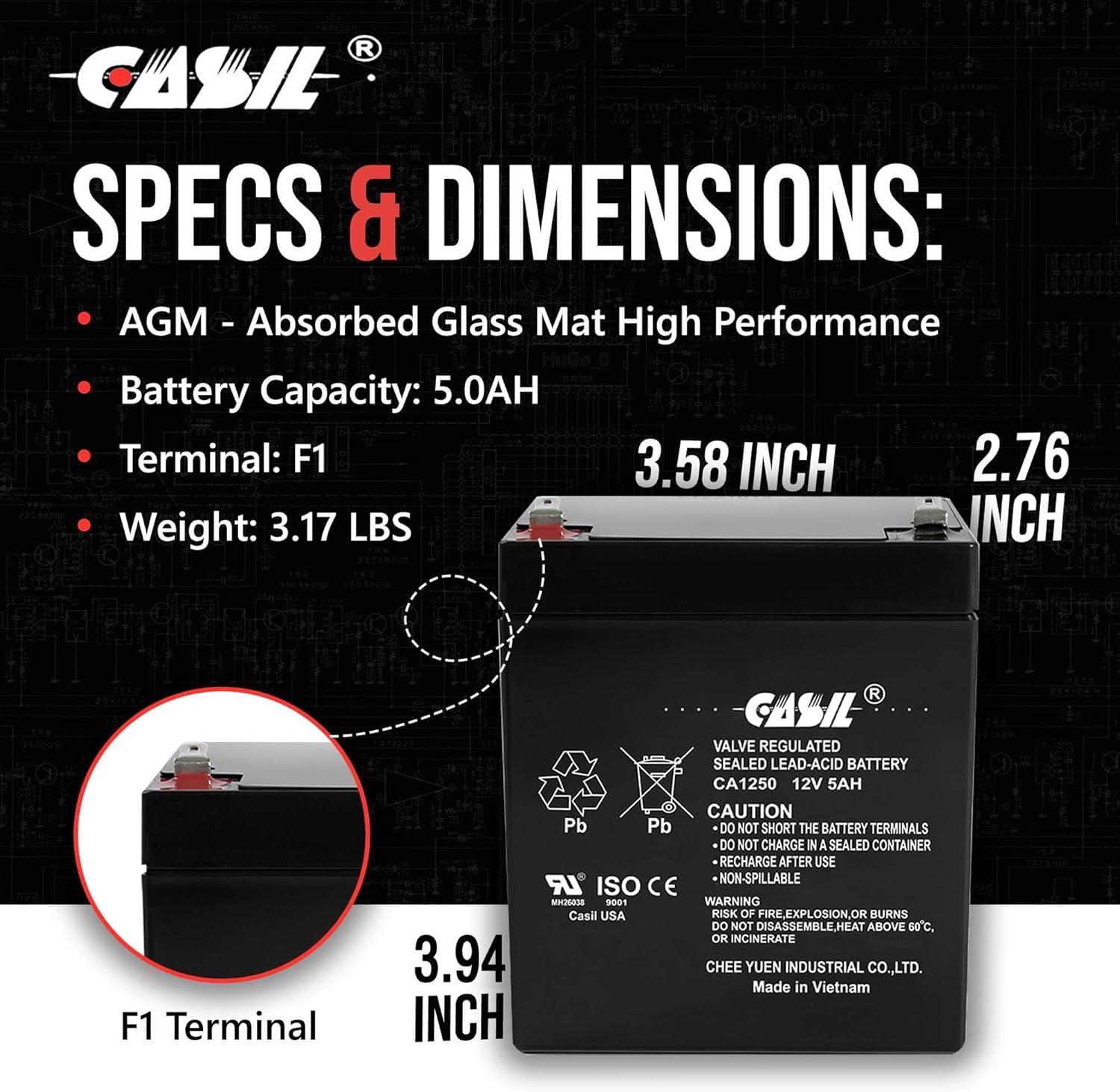 CA1250 12V 5Ah SLA AGM Alarm Battery – Rechargeable Sealed Lead Acid rade Replacement for CA1240 4Ah, ADT Security Systems, UPS Backup Power