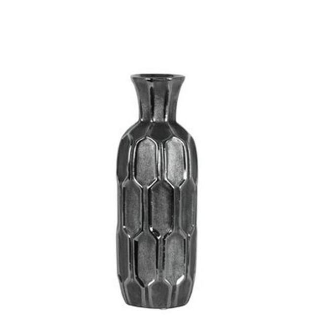 Urban Trends Collection 46511 Small Ceramic Round Vase with Short Neck & Embossed Hexagonal Design Body, Silver