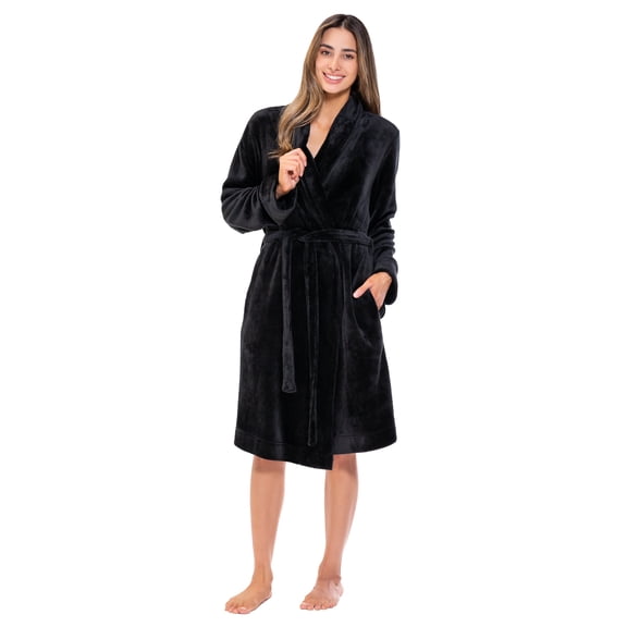 Turquaz Linen Women’s Fleece Shawl Collar Soft Plush Knee Length Spa Robe (Black, S)