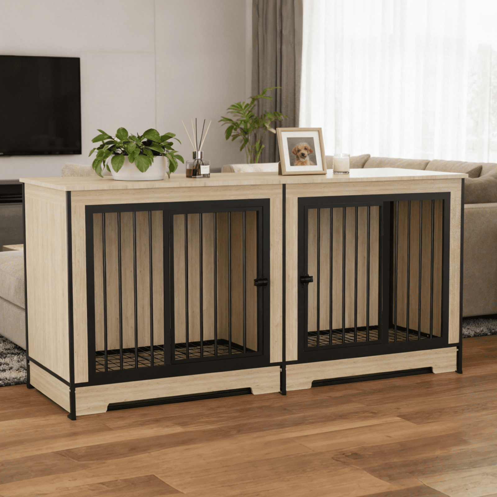 Dog Crate Furniture with Two Combined Room, XL Large Double Dog Cage Furniture with Tray for Medium Large Dogs, Wooden Dog Kennel Furniture