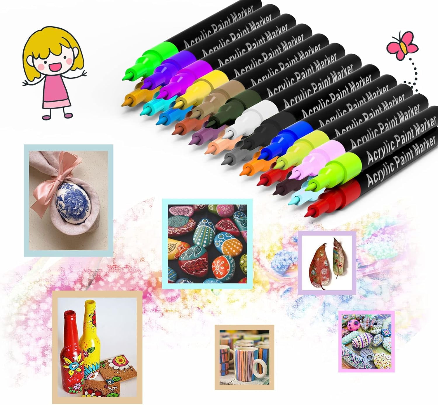 Acrylic Paint Pens for Rock Painting - Set of 24 Extra Fine Point Non-Toxic Paint Markers for Stone, Ceramic, Glass, Wood, Canvas, Fabrics DIY Crafts