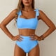 thumbnail image 4 of Trajes de baño para mujer, traje de baño de bikini de tirantes sin espalda de color liso para mujer, conjunto de bikini con bloques de color y hombros descubiertos, trajes de baño para mujer, trajes d, 4 of 5