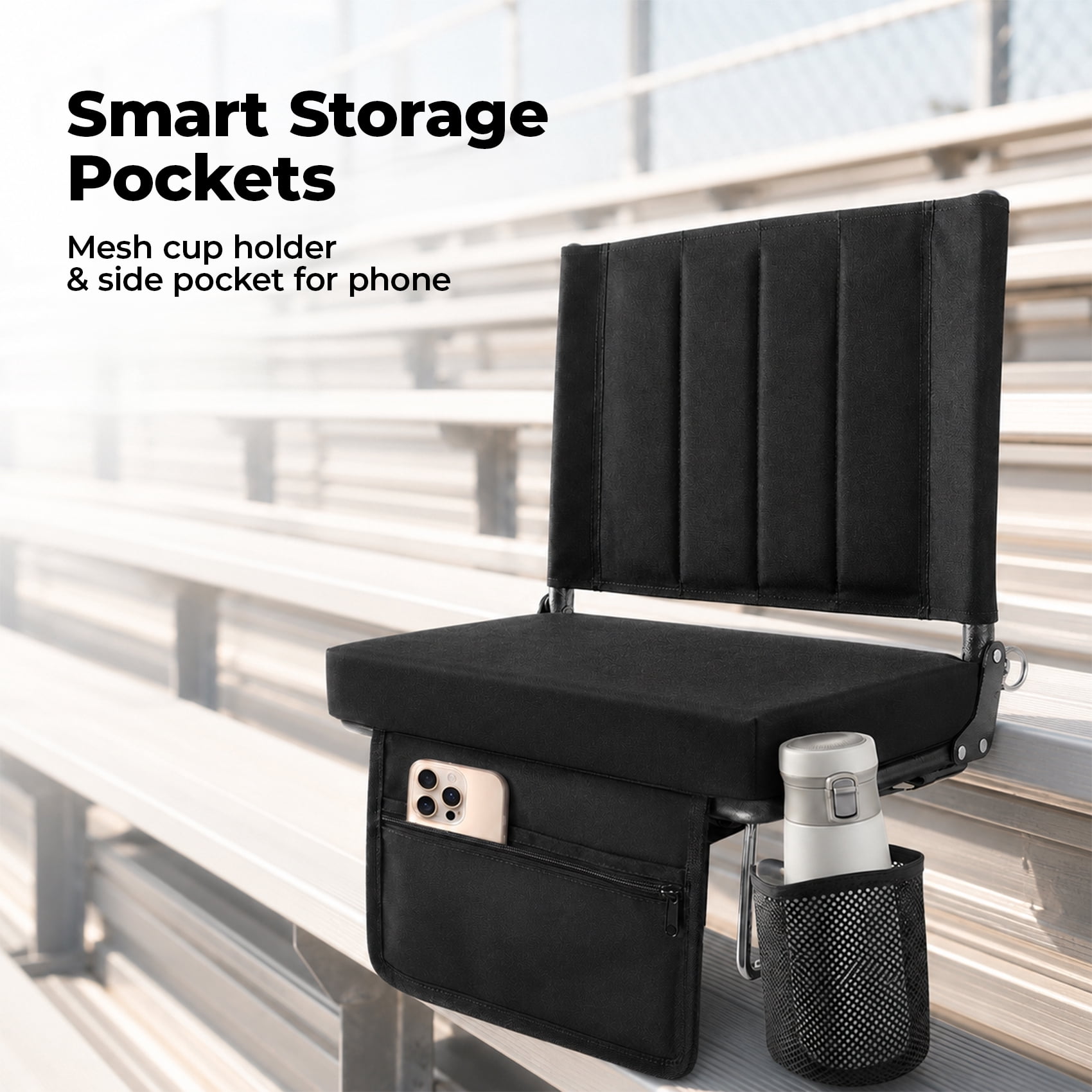 Alvantor Stadium Seat for Bleachers with Back Support, Portable Bleacher Seat with Wide Comfy Padded Cushion, Metal Hook, Folding Stadium Chair with Shoulder Strap, Carry Handle, Cup Holder