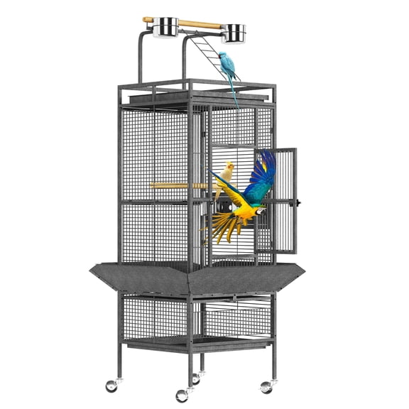 61" Cockatiel Cage, Flight Cage with Rolling Stand, Play Top & Bowls - Metal Large Bird Cages for Parakeets, Conures, Parrots - Exploding Silver