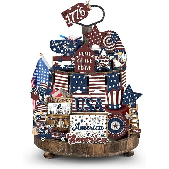 25 Pcs 4th of July Tiered Tray Decorations Set Wood Patriotic Tiered Tray Decor American Flag Star 4th of July Tray Decor Red White Blue Rustic Farmhouse Decor for Independence Day