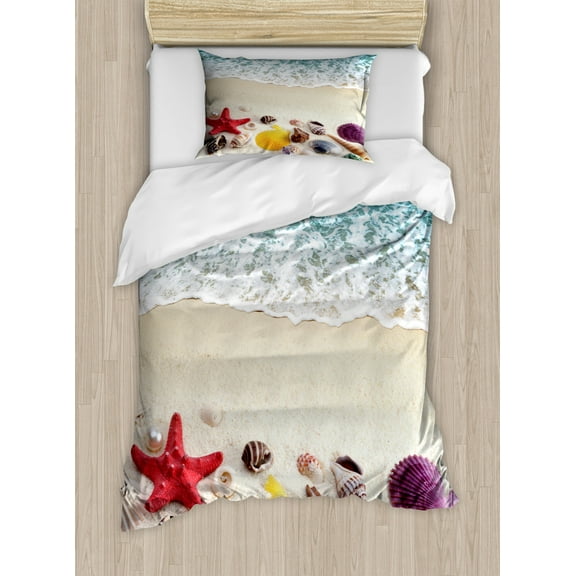 Beach Duvet Cover Set Twin Size, Sea Shells on Sandy Coast Tropical Island Shore Summertime Travel Vacation Picture, Decorative 2 Piece Bedding Set with 1 Pillow Sham, Multicolor, by Ambesonne