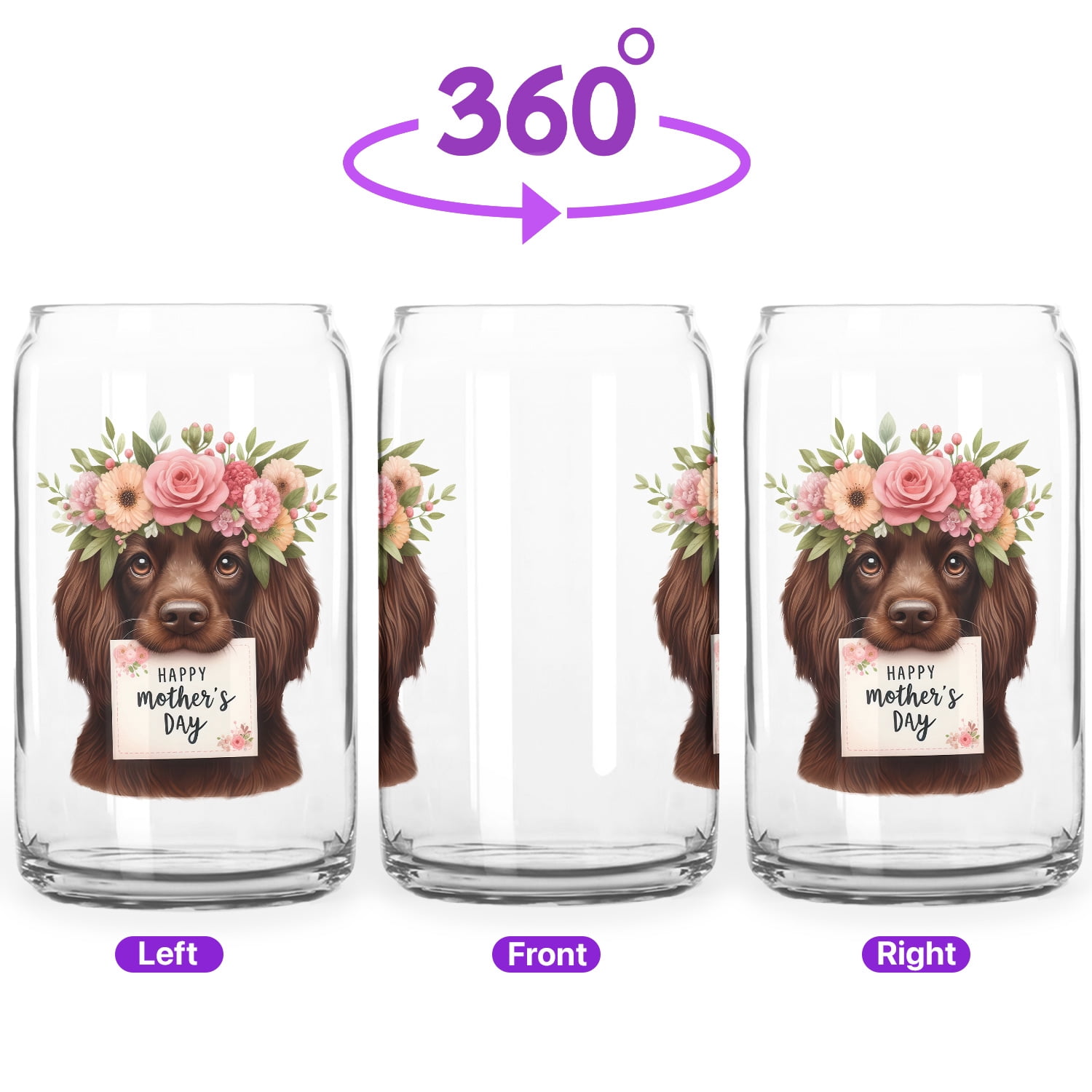 Happy Mother's Day Boykin Spaniel with Flower Crown and Greeting Card 16oz Glass Cup Mug Dog Lover Glass Can - 13004