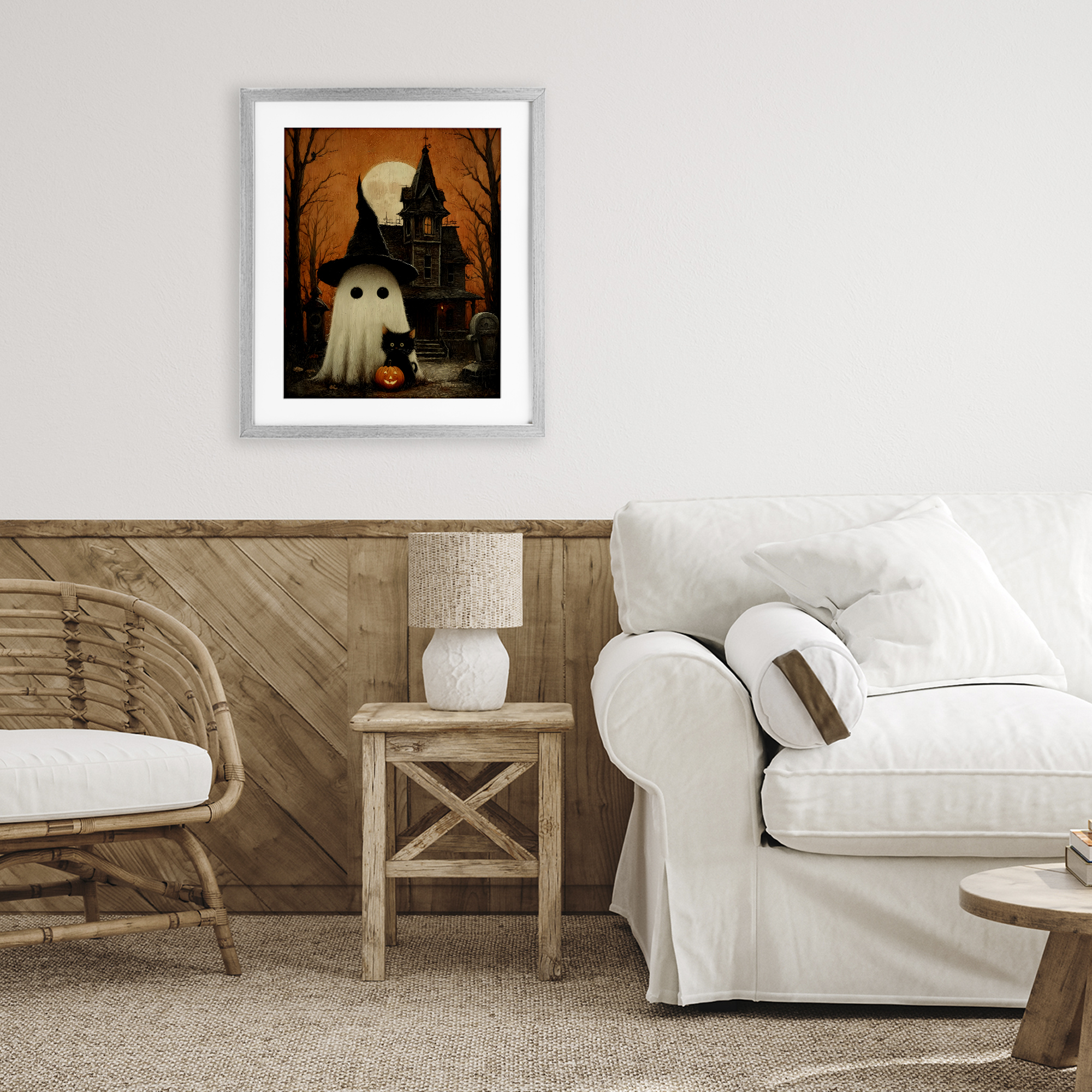 Cute Ghost & Haunted House Gray Framed Print Under Glass, design by Arlington Prints