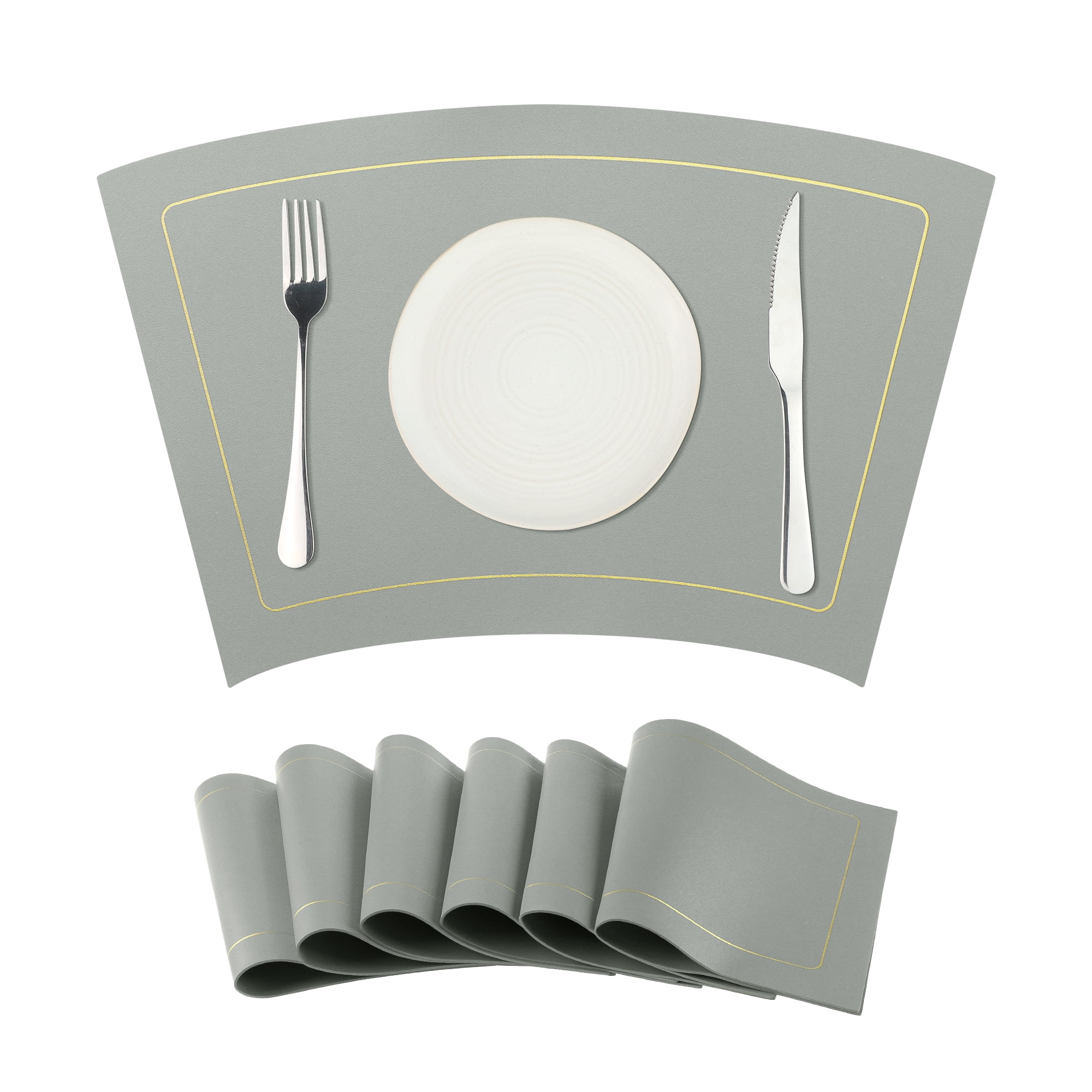 Unique Bargains Set of 6 Wedge Faux Leather Heat Resistant Wipe Clean Round Table Mats Grey
