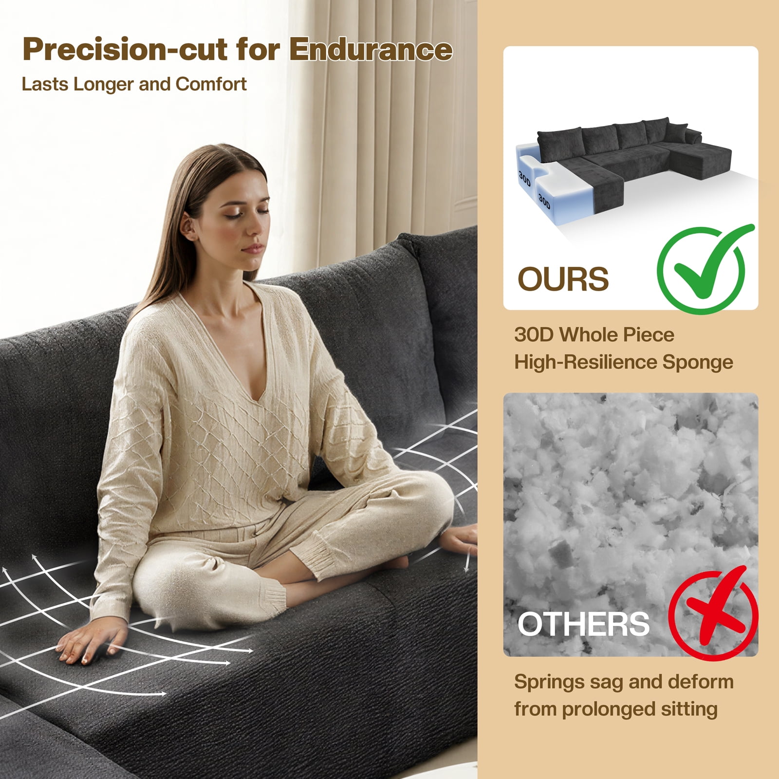 Kelyda 130'' Boneless Sectional Couch, Modern Chenille U Shaped Modular Cloud for Living Room Dark Grey