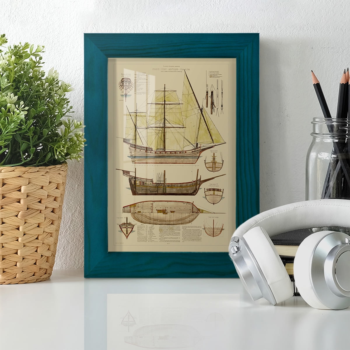 Antique Ship Plan II -Framed Print w/glass-Ocean Blue