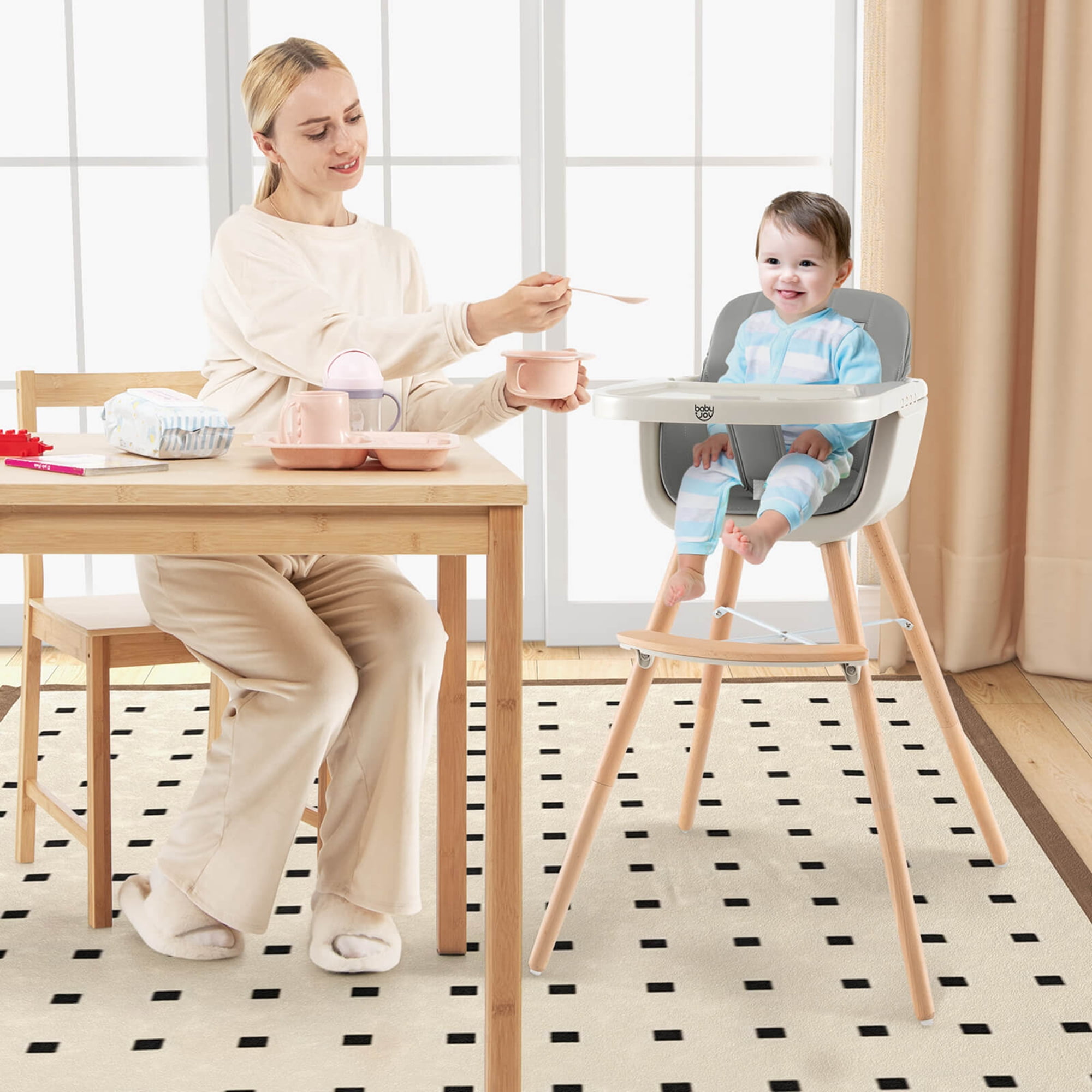 Babyjoy 3 in 1 Convertible Wooden High Chair Toddler Feeding Chair with Cushion Gray
