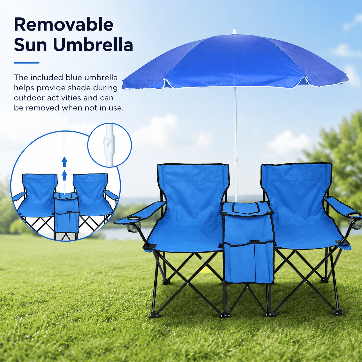 Alvantor 2-Seat Outdoor Folding Chair with Removable Sun Umbrella, Blue
