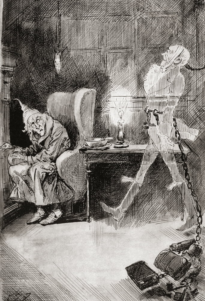 Marleys Ghost The same face the very same Marley in his pigtail usual waistcoat tights and boots the tassels on the latter bristling like his pigtail and his coat skirts and the hair upon his head Ill
