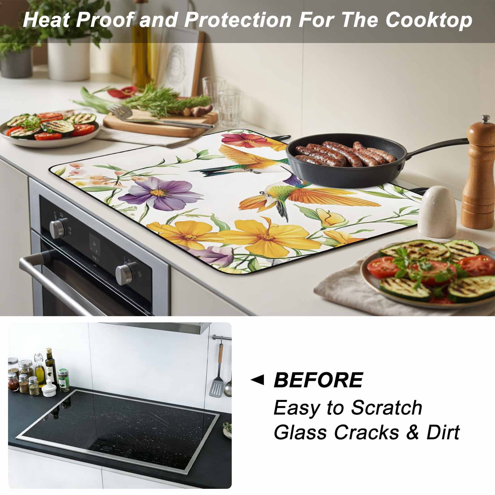 Spring Floral Stove Top Cover for Electric Stove, Heat-proof & Non Slip Glass Top Stove Cover Protector, Summer Botanical Birds Colorful Kitchen Flat Cooktop Rubber Mat 24x21 Inches