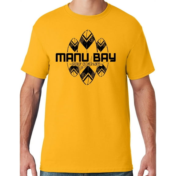 Mens Manu Bay Surf Company BLACK SURFBOARDS T-shirt, XL Gold