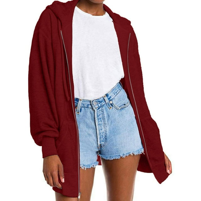 RKSTN Womens Sweatshirt Fashion Casual Slim Zipper Hoodie Solid Color Drawstring Fit Soft Tops with Pockets