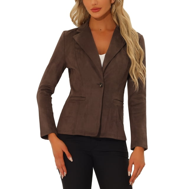 Blazer de oficina de ante sintético para mujer con solapa de muesca y mangas largas