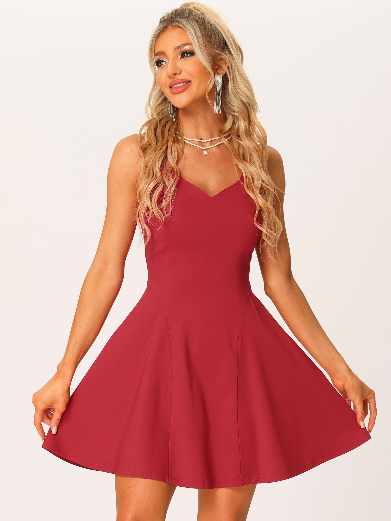 Unique Bargains Women's Sleeveless Sweetheart Neck Fit and Flared Swing Cocktail Dress XS Wine Red