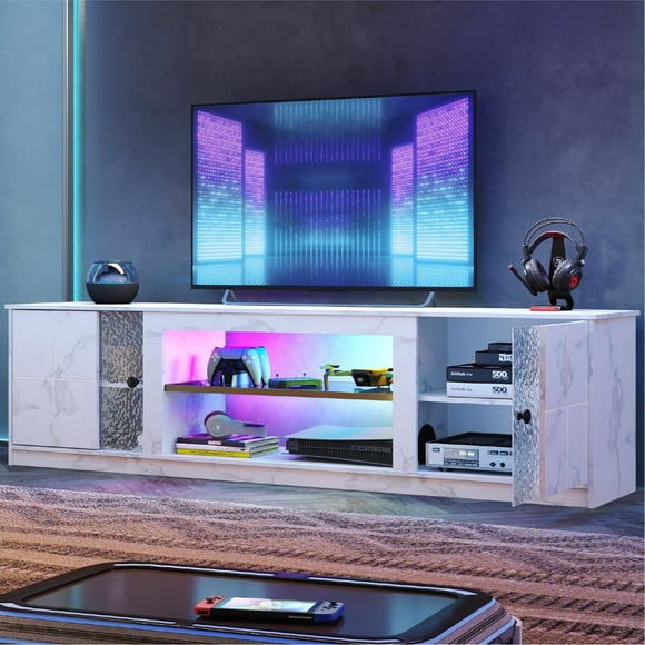 Pinmoco 70" LED TV Stand for TVs up to 80",Large Gaming Entertainment Centre,White Marble