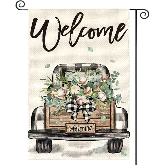 Cotton Rustic Spring Truck Garden Flag 12x18 Inch Double Sided Welcome Buffalo Plaid Yard Outdoor Flag