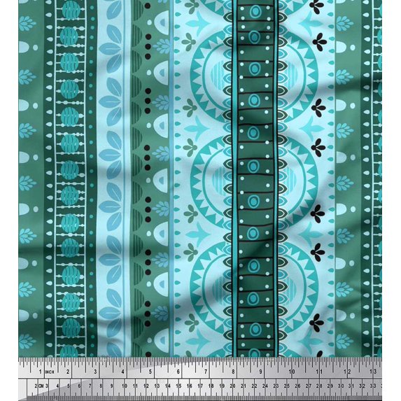 Soimoi Crepe Silk Fabric Stripe,Leaves & Semi Mandala Decorative Decor Fabric Printed Yard 42 Inch Wide