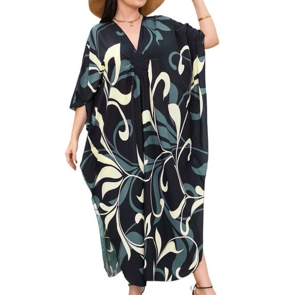 Voska Kaftan Dresses for Women, Caftan Dresses for Women Plus Size Tropical Hawaiian Cover Ups Butterfly Abaya Loungewear Black