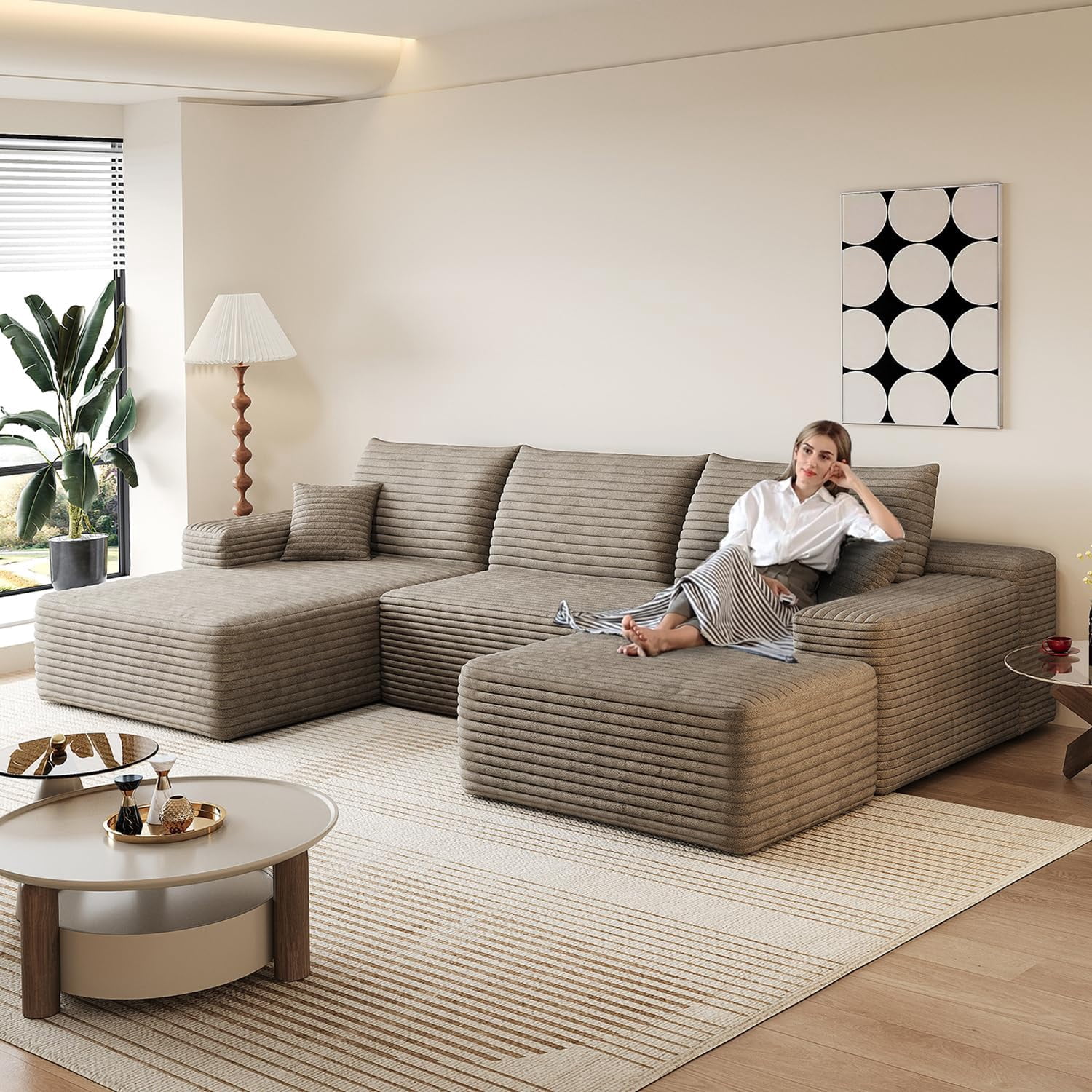 Sailvan 107" Cloud Sectional Couch, Cloudy Sofa with L-Shape Chaise & Ottoman, Upholstered Couches for Living Room & Bedroom, No Assembly Required, Plush Corduroy Fabric, Camel