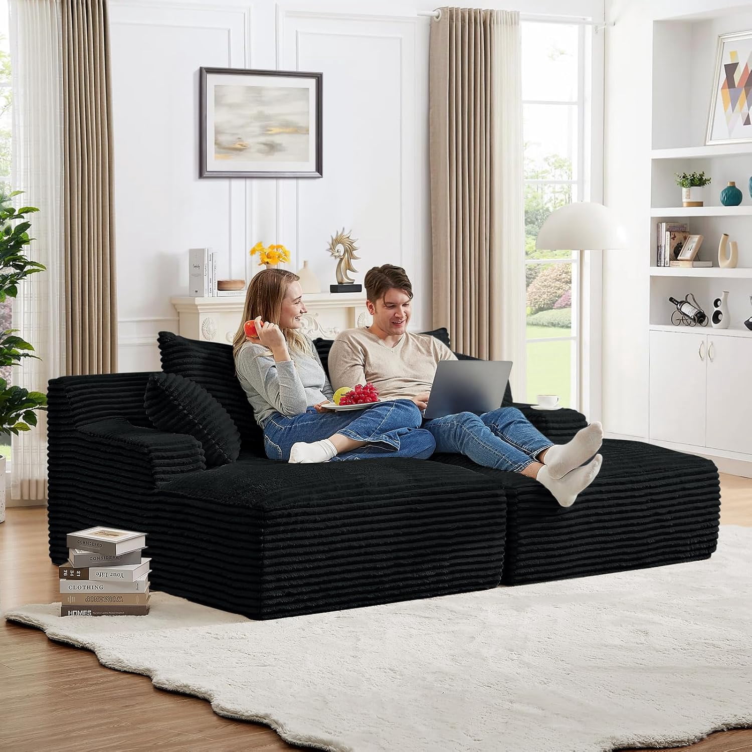 AENKYO Compressible Double Chaise Lounge Sectional Couch - Fluffy Upholstered 2-Seater Loveseat for Living Room, Bedroom, No Assembly Required, Black