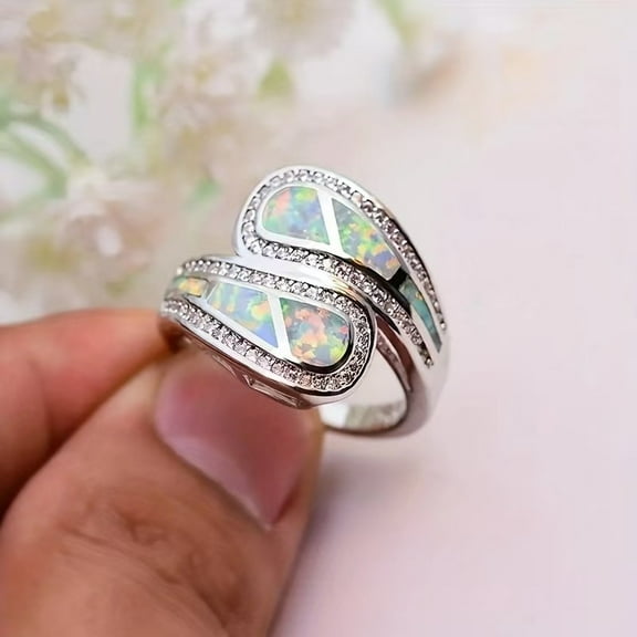 Female White Blue Fire Opal Ring Unique Silver Color Wedding Band Ring Promise Engagement Rings for Women