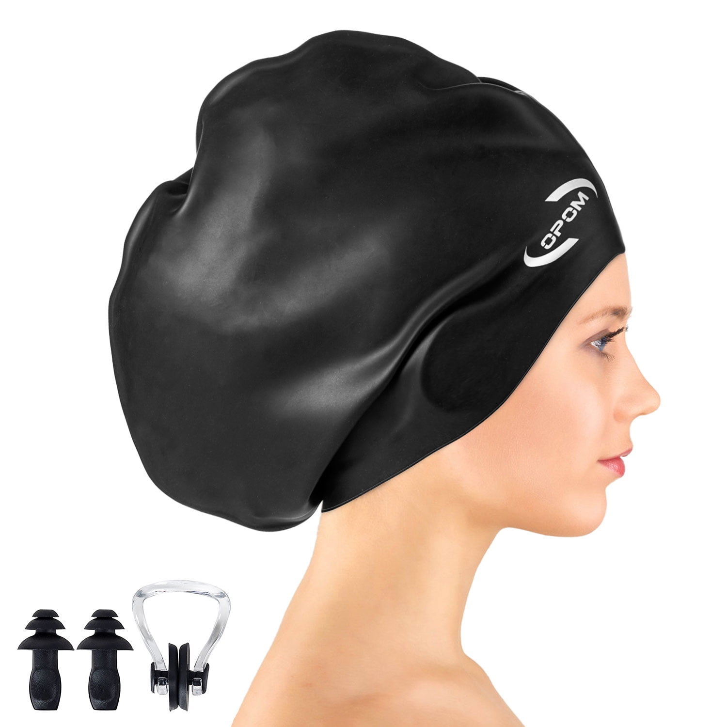 High Elasticity Thick Silicone Swim Cap for Long Hair Keep Your Hair Dry OPOM Swim Caps for Women and Men Unisex Adults Bathing Swimming Cap with Ear Plugs and Nose Clip 